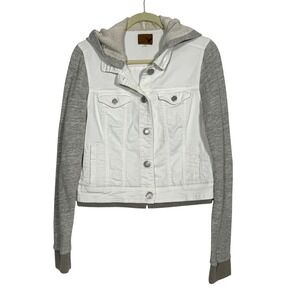 American Eagle Outfitters Womens White Denim Jacket Grey Hooded Sleeve Size L G